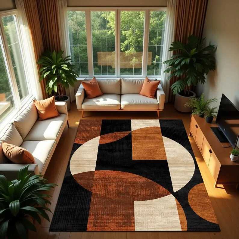 Abstract Circle Rug Burnt Orange Beige Black Carpet Modern Minimst Washable Floor Mat Y251110