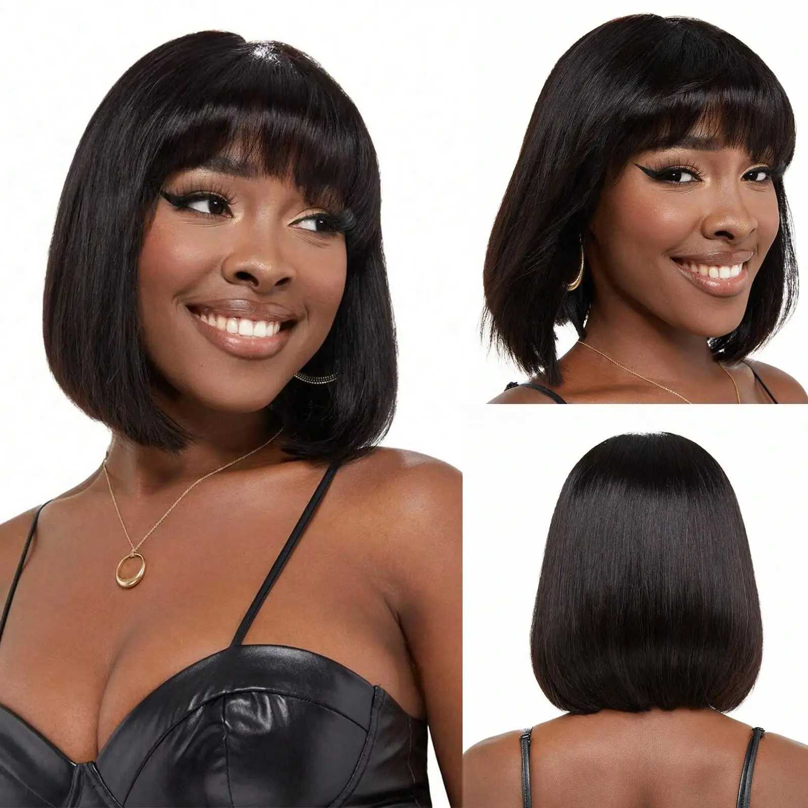 Short Bob Wigs Straight Human Hair Wigs Full Machine Made Wigs With Bangs Brazilian 100 Human Hair Wigs Natural Color 8-14 InchT251111