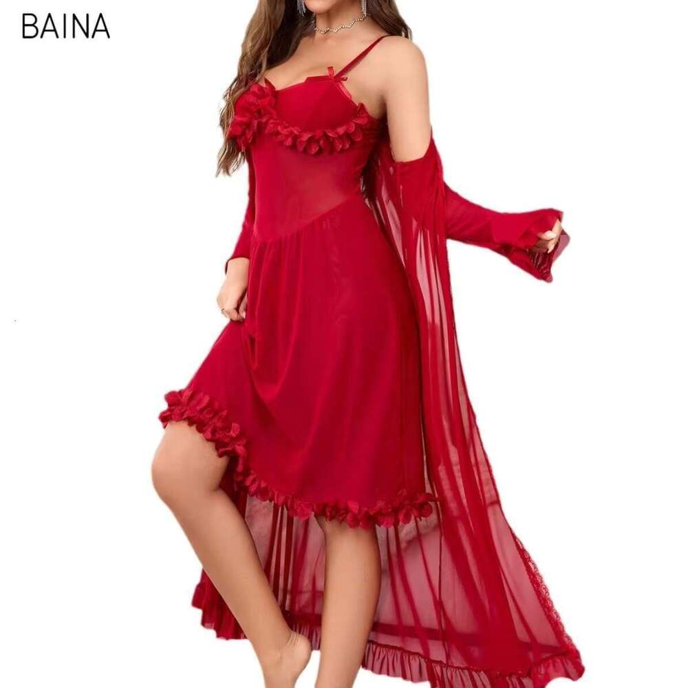 Valentine's Day Pama Mesh Wedding Dressing Sexy Ruffles Pamas Robe Pyjamas Set Sleeping Gown + Sg Dress