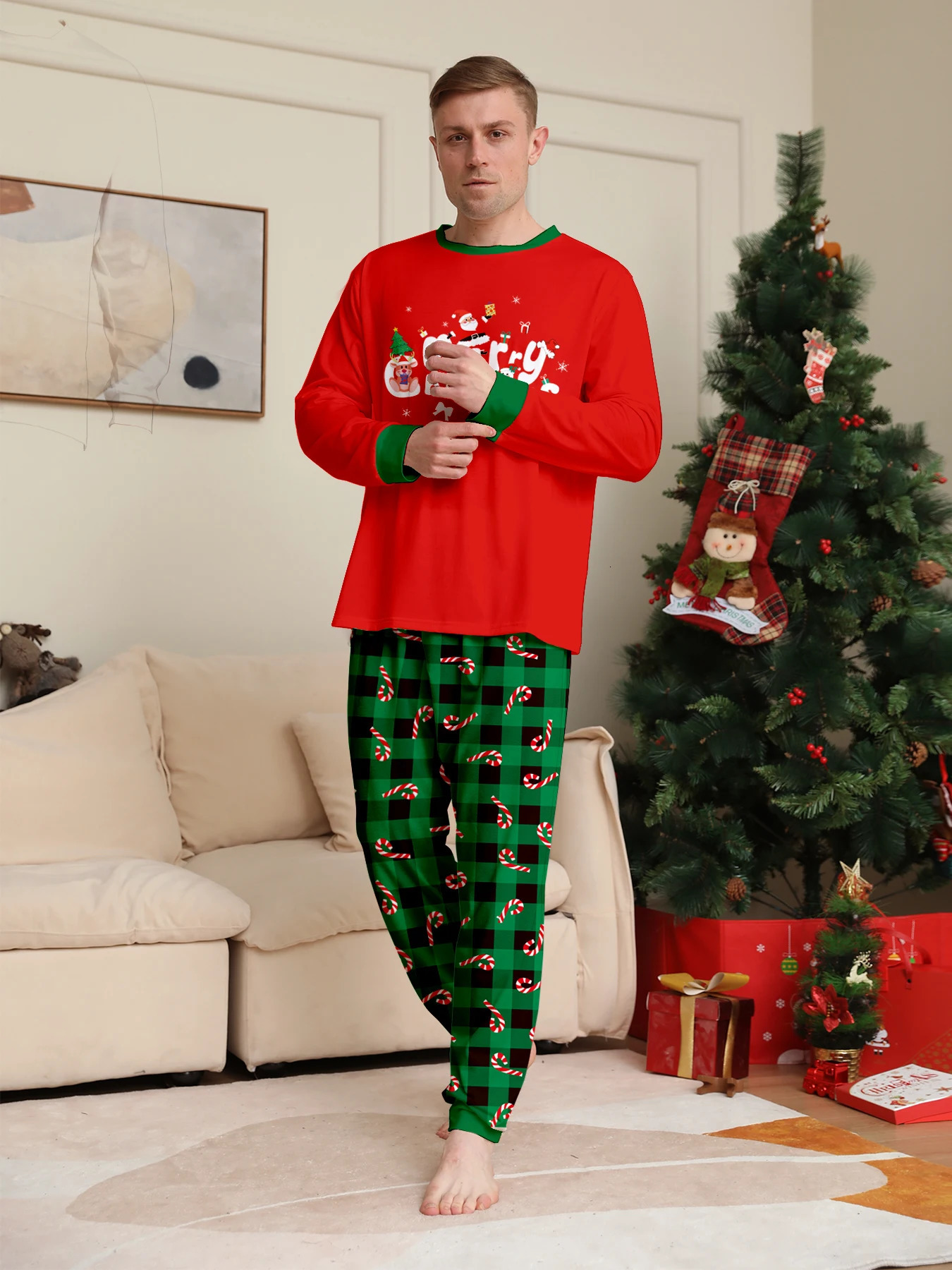 Christmas Couples Sleepwear Set Merry Christmas Graphic Green Black Plaid Candy Cane Pajamas 251106