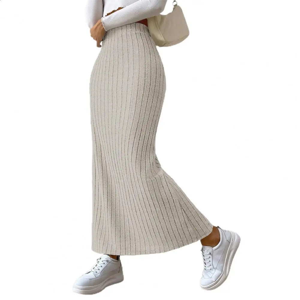 Winter knitted high waist thick elastic ankle length striped ultrathin split hem womens long skirt 250407