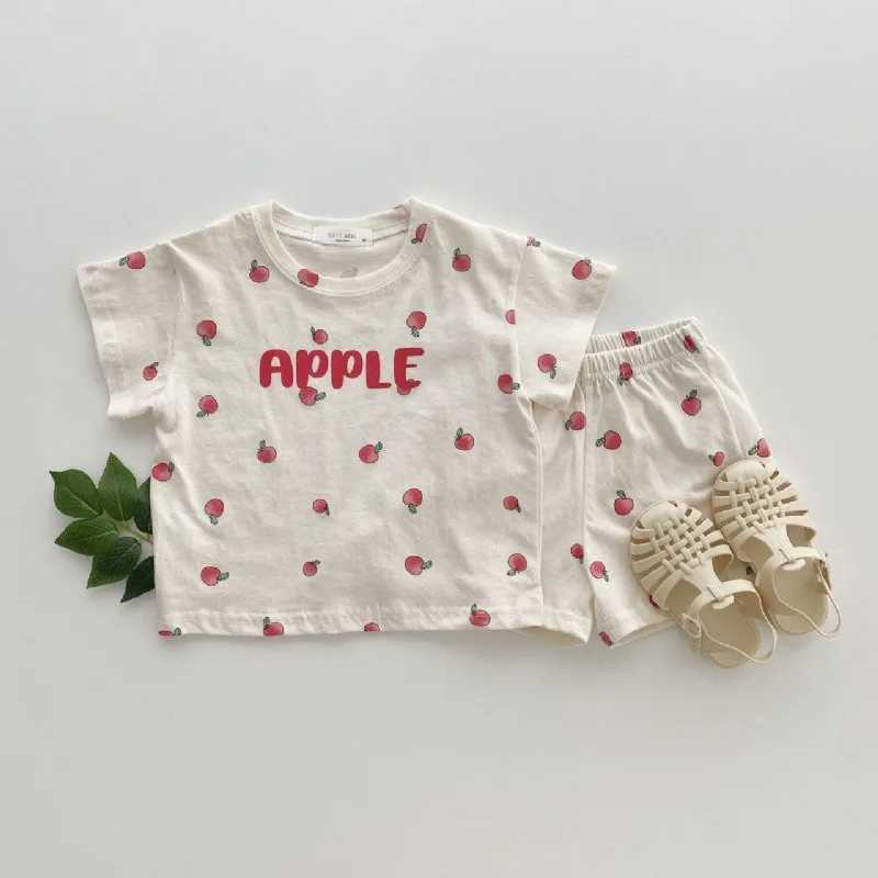 2 pieces of summer baby girl clothing childrens short sleeved set thin cotton fruit printed short sleeved T-shirt set childrens fashionable T-shirt pa