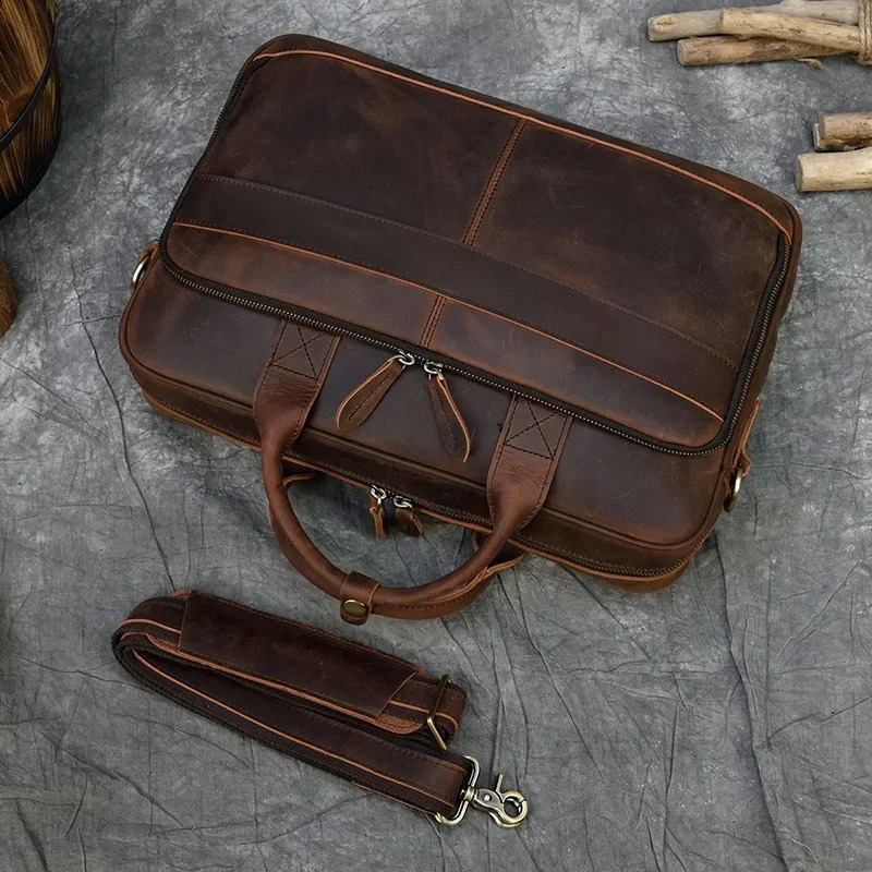 Vintage laptop briefcase genuine leather handbag casual 156inch business bag daily work mens 250409