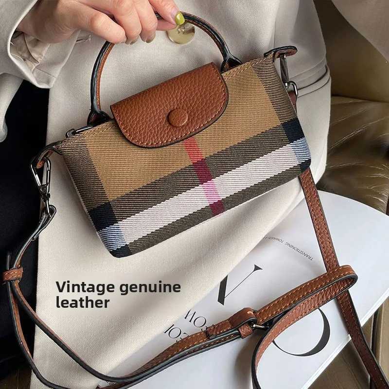 Vintage leather plaid dumpling bag business commuting style handbag large capacity storage canvas cowhide crossbody bagT251205