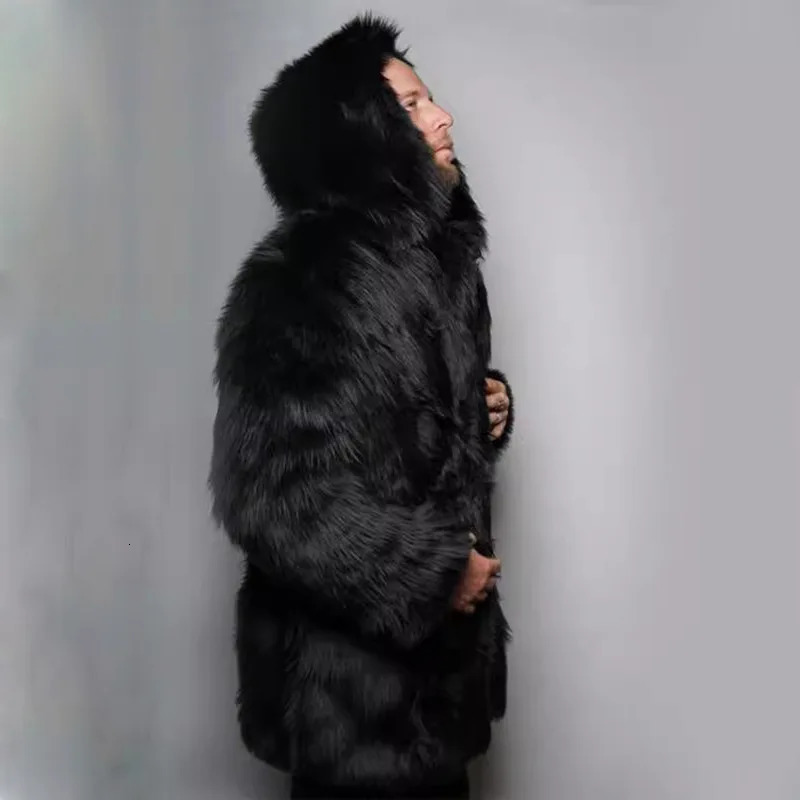 Men Hooded Faux Fox Fur Coats Solid Overcoats Mid Lenth Long Sleeves Open Stitch Loose Fit Casual Streetwear 2025 Autumn Winter 251105