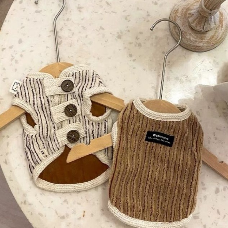 Stylish Striped Design Pet Vest Clothes with Soft Corduroy Material, Warm Fleece Lining, Cute Button Decoration, Fashionable Winter Outfit for Dogs an