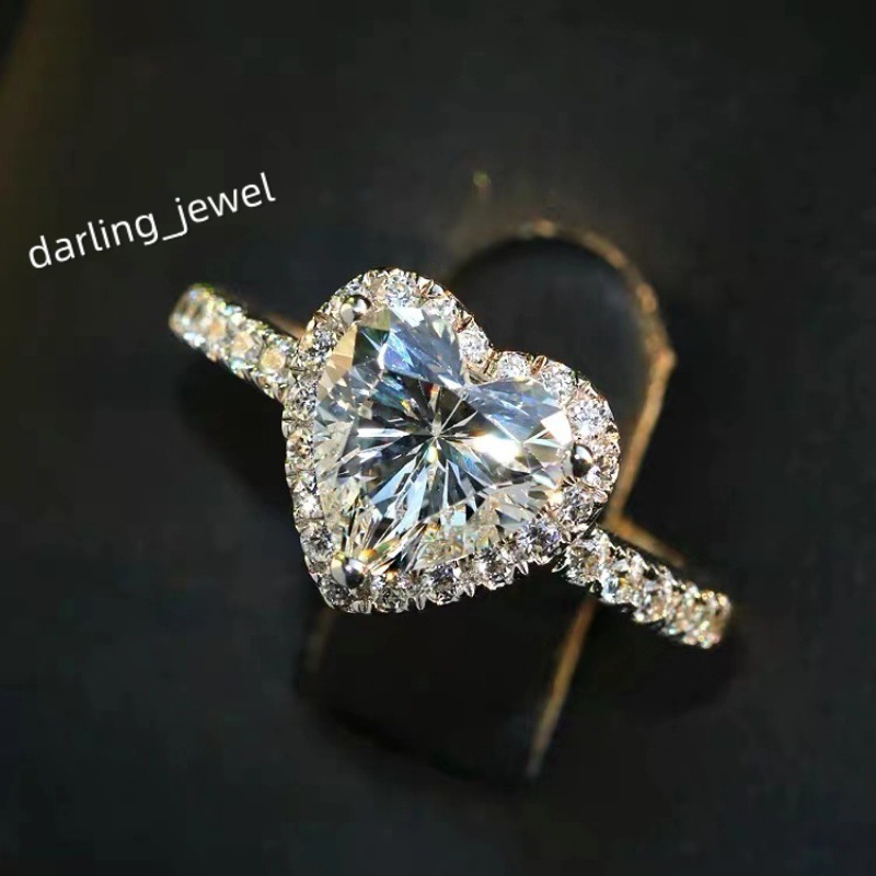 S925 Silver Female Mosan Stone Simulation Diamond Ring Luxury love Wedding Exquisite Heart-shaped Female