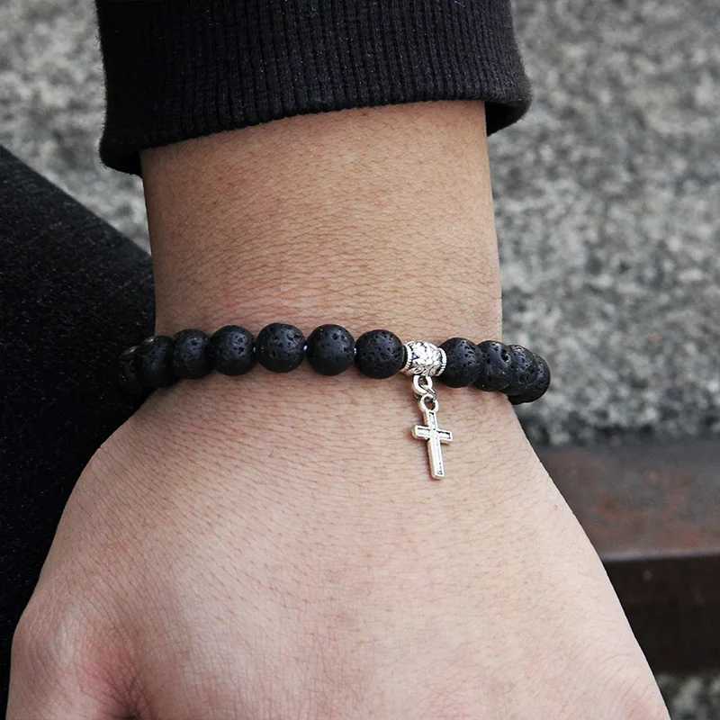 Trendy Men Beads Bracelet Slivers Color Cross Pendant Bracelet Natural Stone Bracelets Charm for Women Healing Prayer JewelryC250410