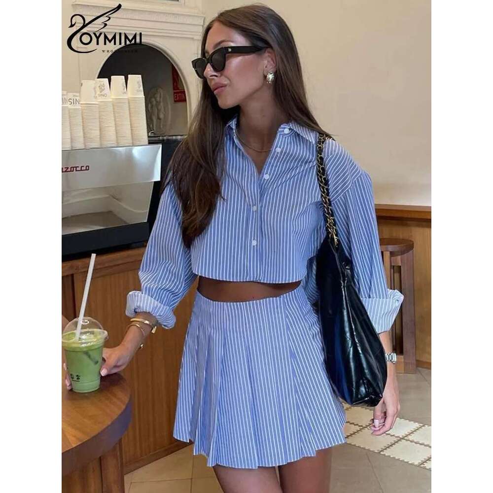 Oymimi Elegant Blue Striped Print Sets For Women 2 Pieces Fashion Long Sleeve Button Crop Tops And High Waist Pleated Skirts Set