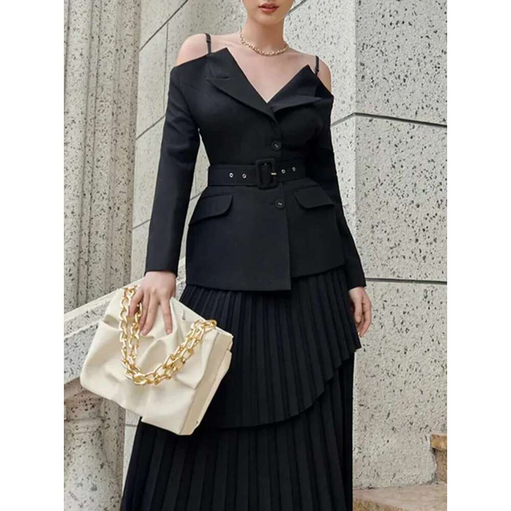 TWOTWINSTYLE Solid Two Piece Set For Women Slash Neck Long Sleeve Tunic Coat High Waist Temperament Skirt Sets Female Fashion