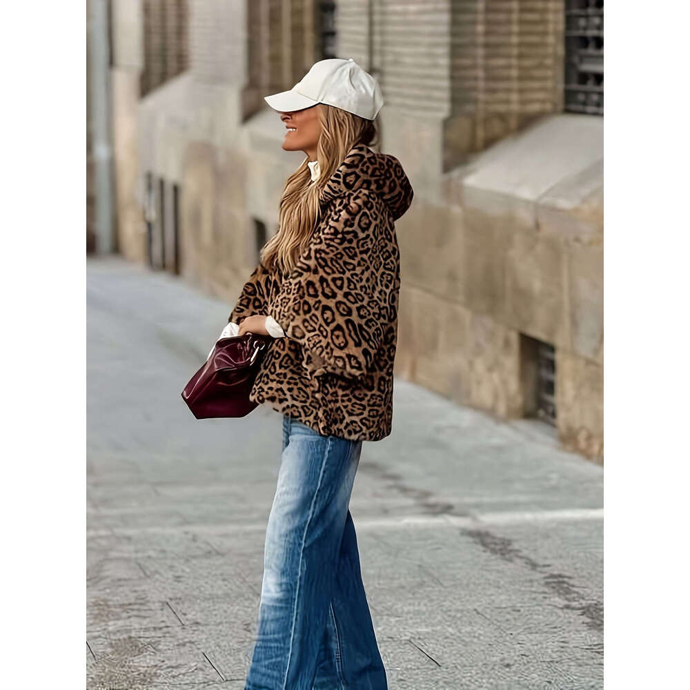 Women's - Long Sleeve Non-Stretch Elegant Zipper Closure Coat Everyday & Events, All-Season Chic Outerwear For Women, Leopard Print Jacket, Forma