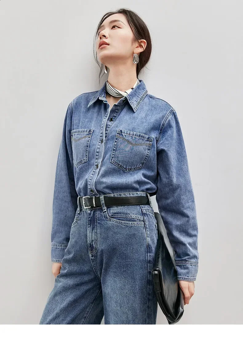 SENTUBILA Retro Cotton Denim Womens Shirt Spring 2025 Wash Collar Single Chest Comfortable Casual W43C56147 250411e