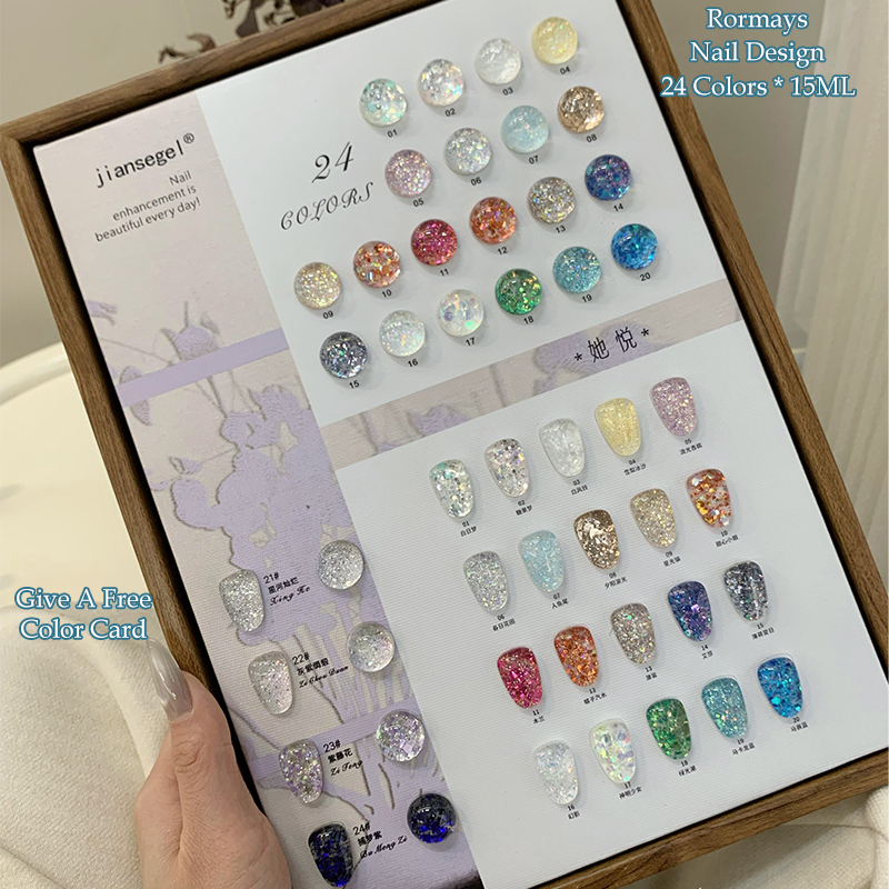 Rormays Colorful Sequins gel Nail 24PCS Mixed Varnish Chip Shiny Summer Semi permanent Korean Sequins UV Japanese Nail Salon Primer Finish 15ML Wholes