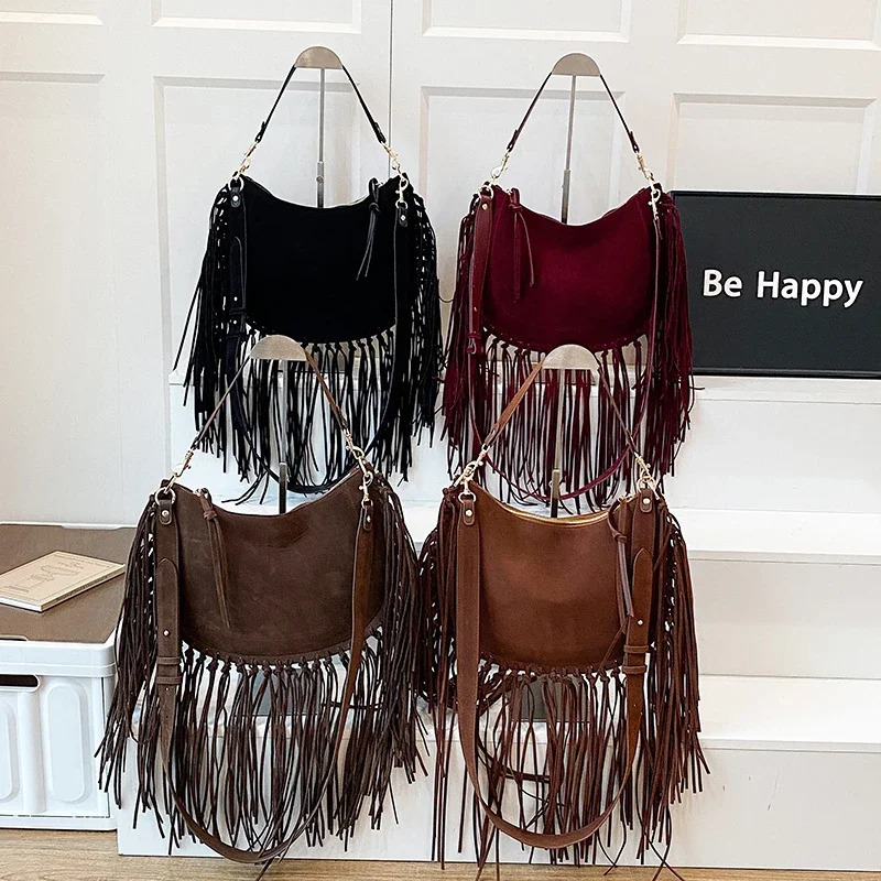 Faux Suede Shoulder Bags for Women Frosted Fringe Travel Tote bags Trendy Crossbody Bags Retro Handbags Vintage Commuter Bag 251110