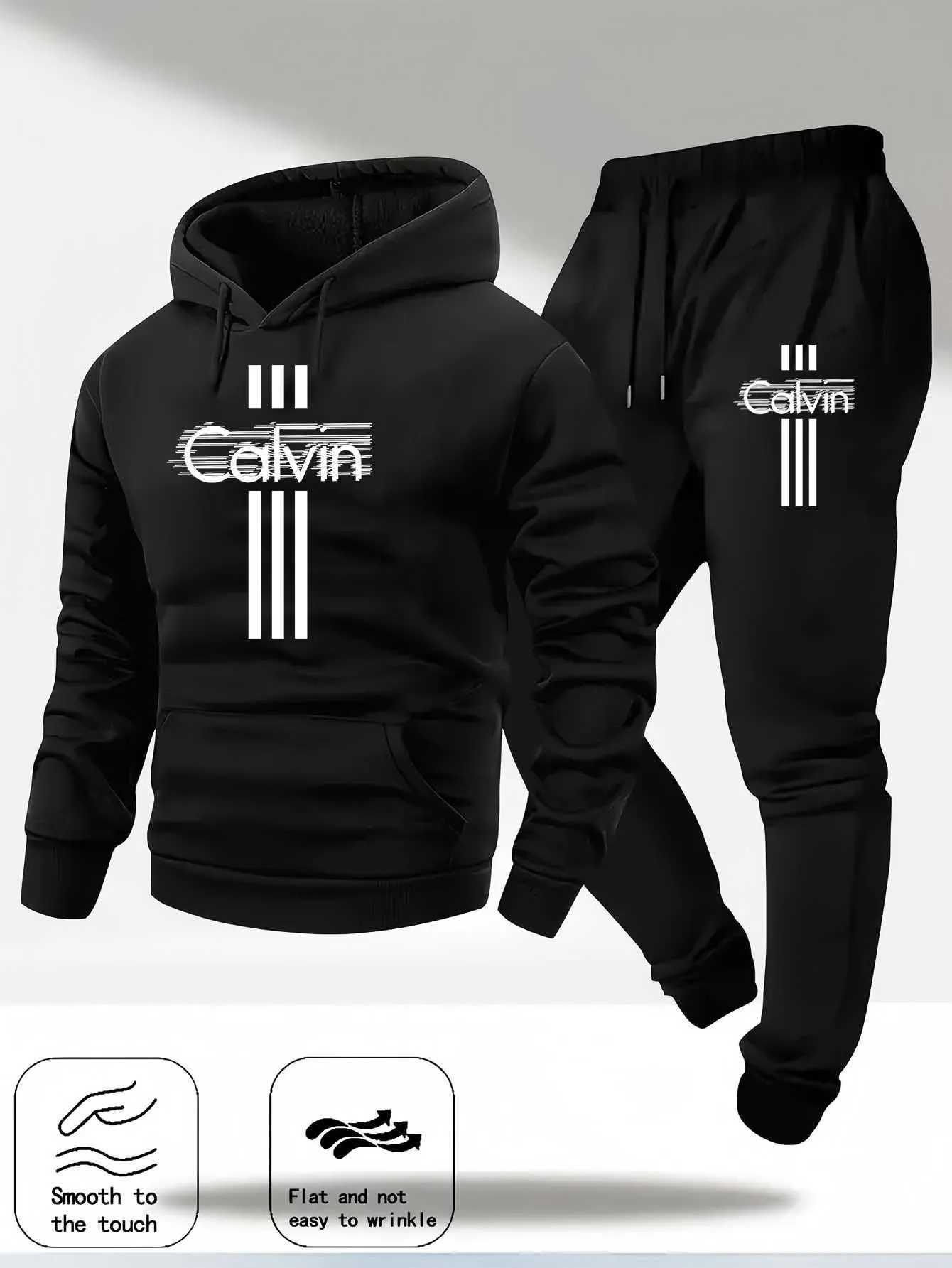 2025 Calvin Printed Mens Long-Sleeved Hooded Sweatshirt Set Casual Sportswear Fashion Trendy Sweater Set tracksuit men hoodiesT251111