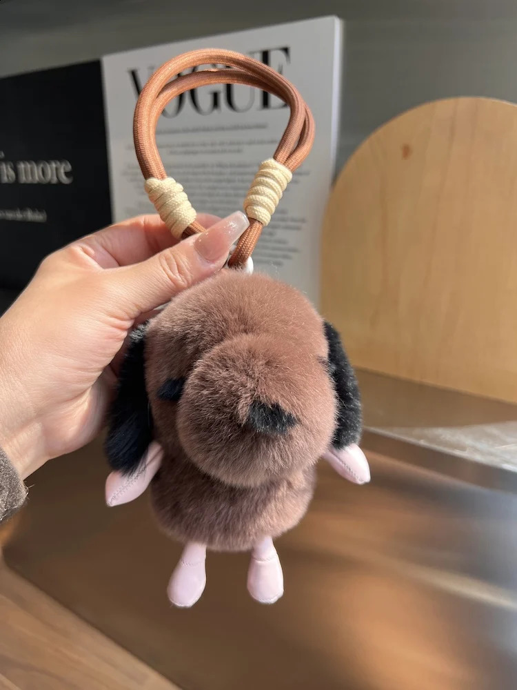 Rael Rex rabbit fur dog pendant keychain cute plush toy for women childrens bag charming car keyring decoration pavilion birthday gift 250409