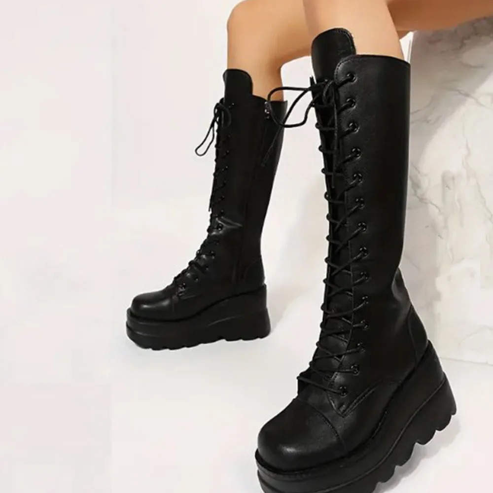 DoraTasia Black Gothic Fashion Round Toe Side Zipper Lace Up Womens Mid Calf Boots INS Christmas Street Party Shoes Woman 251031
