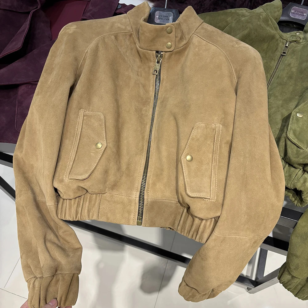 YOLOAgain Oversized Suede Leather Cropped Jacket Coat Women Drop-shoulder Dark Brown Genuine Leather Jacket Coat Autumn 251106