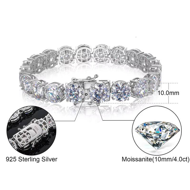 Hot Popular 10mm 925 Silver Gra VVS Moissanite Diamond Tennis Chain Bracelet Men Women Fine Hip Hop Jewelry