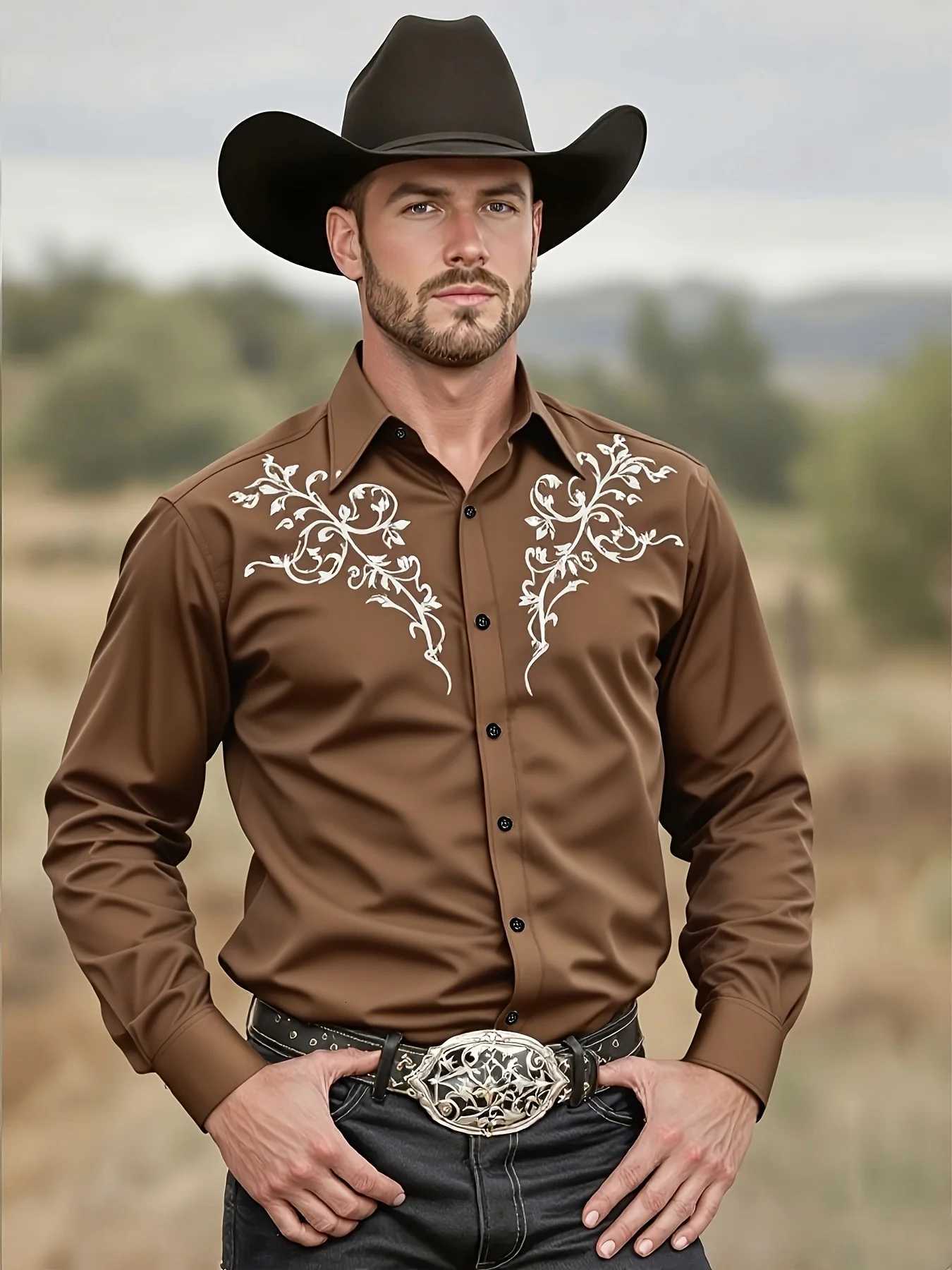 2025 Mens Tribal Pattern Long Sleeve MenS Black Western Cowboy Shirt Western Event Attire Stylish MenS Shirt Slim Fit Shirt K251110