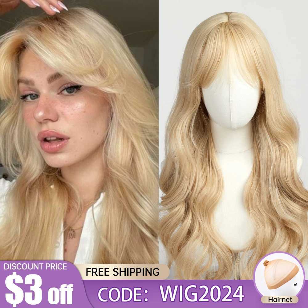 EASIHAIR Sandy Blonde Golden Wavy Synthetic Wigs with Long Bangs Cosplay Lolita Party Hair Wigs for Women Natural Heat ResistantT251111