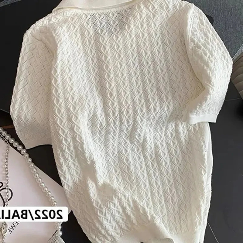 Ice Silk Polo Shirt Knitted Short Sleeve T-Shirt Summer Chic Thin Unique Jacquard Women Tops 2025 Korean Style Women Clothing 250411
