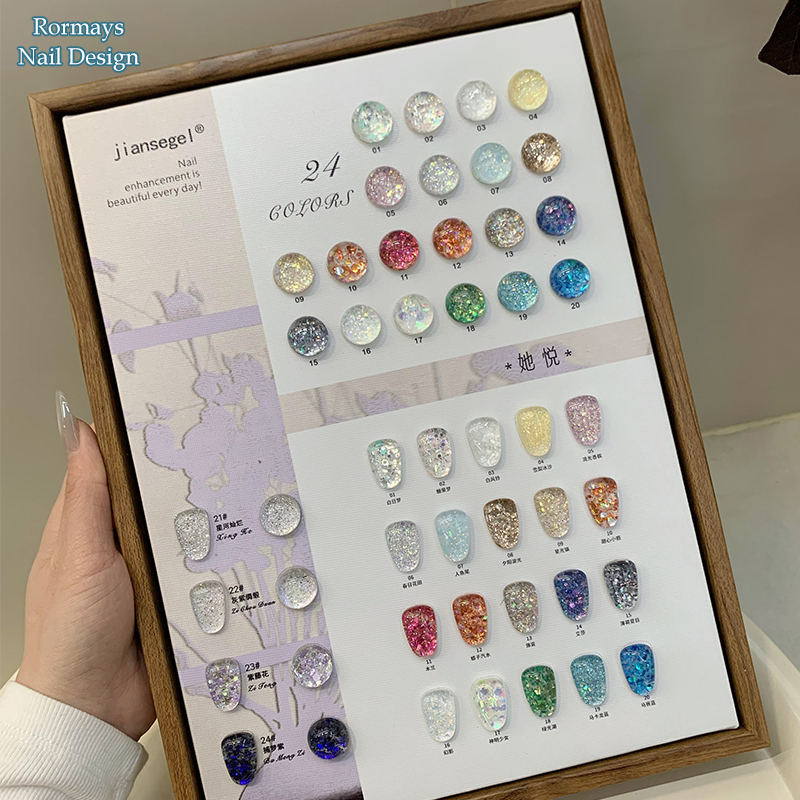 Rormays Colorful Sequins gel Nail 24PCS Mixed Varnish Chip Shiny Summer Semi permanent Korean Sequins UV Japanese Nail Salon Primer Finish 15ML Wholes