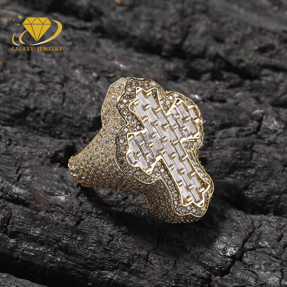 Fashion Jewelry Moissanite Hip Hop Ring Vvs Moissanite Rings 925 Silver Iced Out Baguette Flower Bud Moissanite Cross Ring