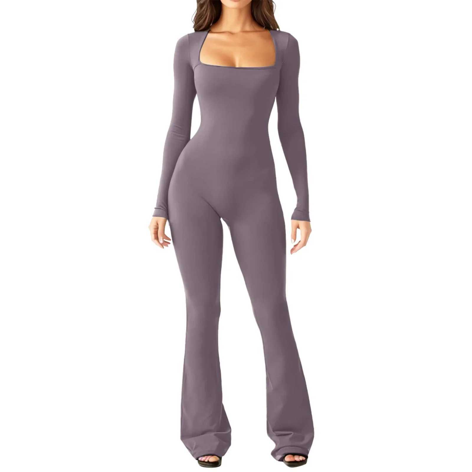 Womens yoga set with long sleeves belly tie waist and hip lifting square neck wide legs high elasticity jumpsuitW250411