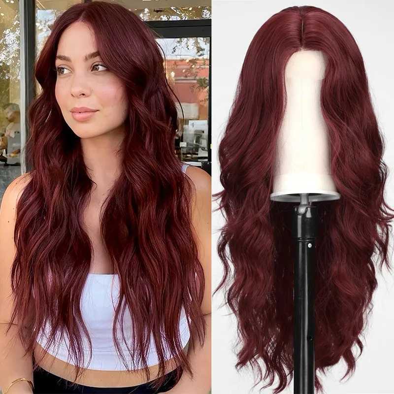 Red wine color synthetic wig with long curly hair full head of wig party daily use high-temperature hair wigT251111