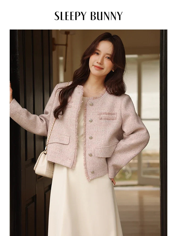 Spring Women Tweed Suit Set Elegant Round Neck Short Coat and A-Line Skirt Vintage Style Loose Fit Chic Two-Piece Outfit 251106