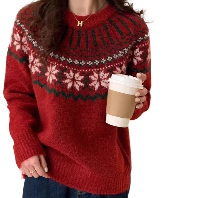 Korean style jacquard soft waxy snowflake embroidered sweater round neck retro loose Christmas sweater for women 251106