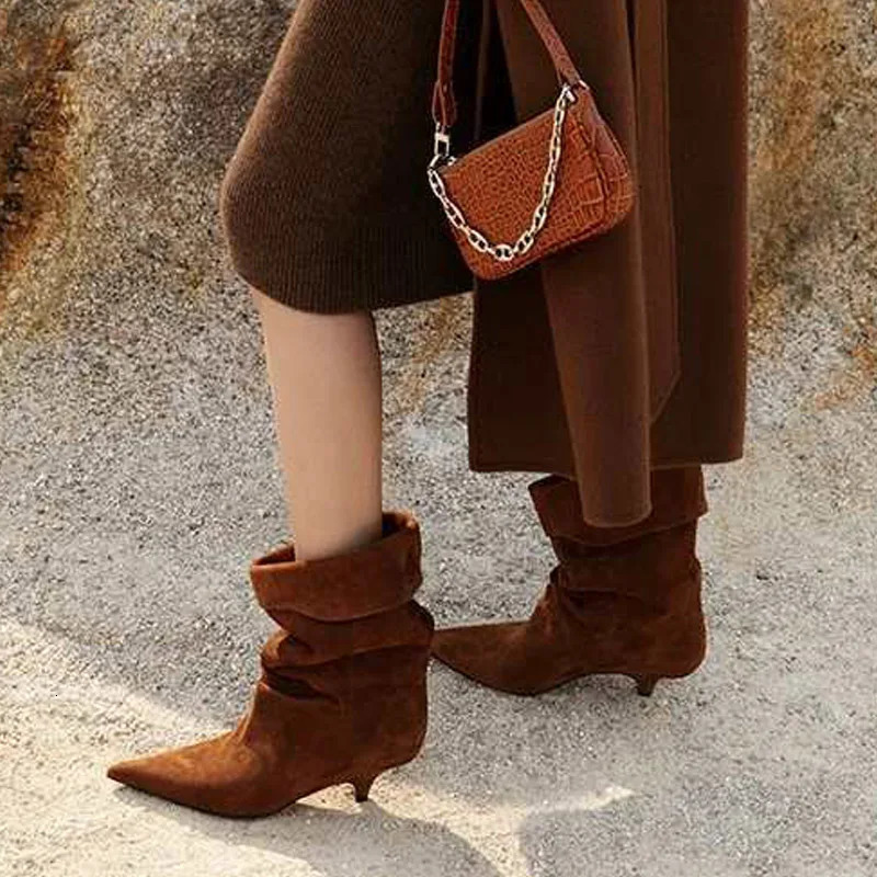 Eilyken Street Style Winter Pointed Toe Thin Low Heel Ankle Boots Women er Turned Over Edge Shoes SHort Botas 251110