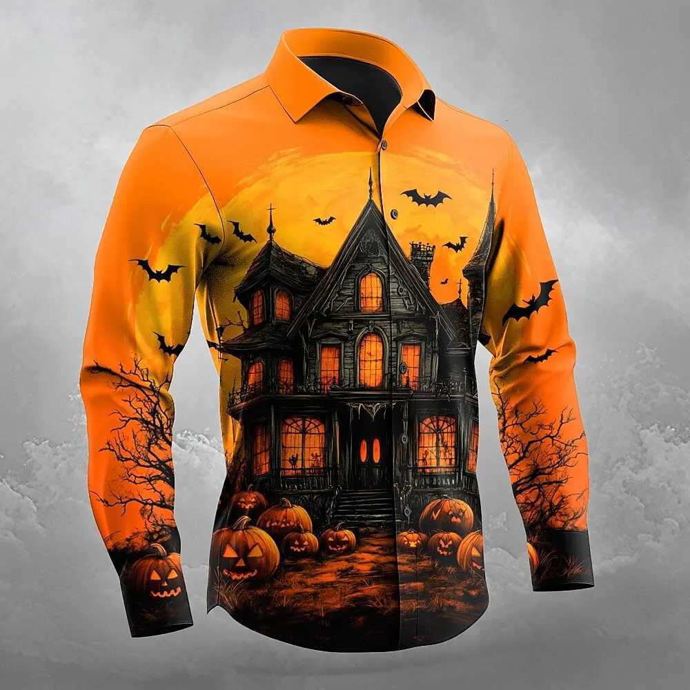 2025 Fall Winter Mens Pumpkin Haunted House Halloween Costumes Shirt Button Up Shirt Long Sleeve Shirts Gothic Style Tops K251110