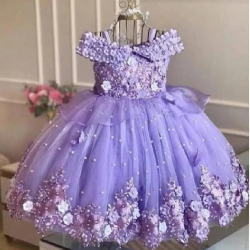 Customized Blue Baby Girl Dress Tulle Flower Pearl Butterfly Girl Dress Off Shoulder For Wedding Birthday Holy Communion Gowns 250410