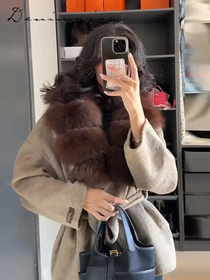 Fur Collar Belt Woolen Womens Coat Lace Up Long Sleeve Thick Warm Jacket 2025 Autumn Winter Lady Chic Elegant Streetwear 251105 - view 3