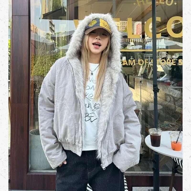 Winter High Street Fashion Retro Fur Collar Hooded Women's Y2k Veet Thick Warm Haruku Loose Casual Sports Jacket