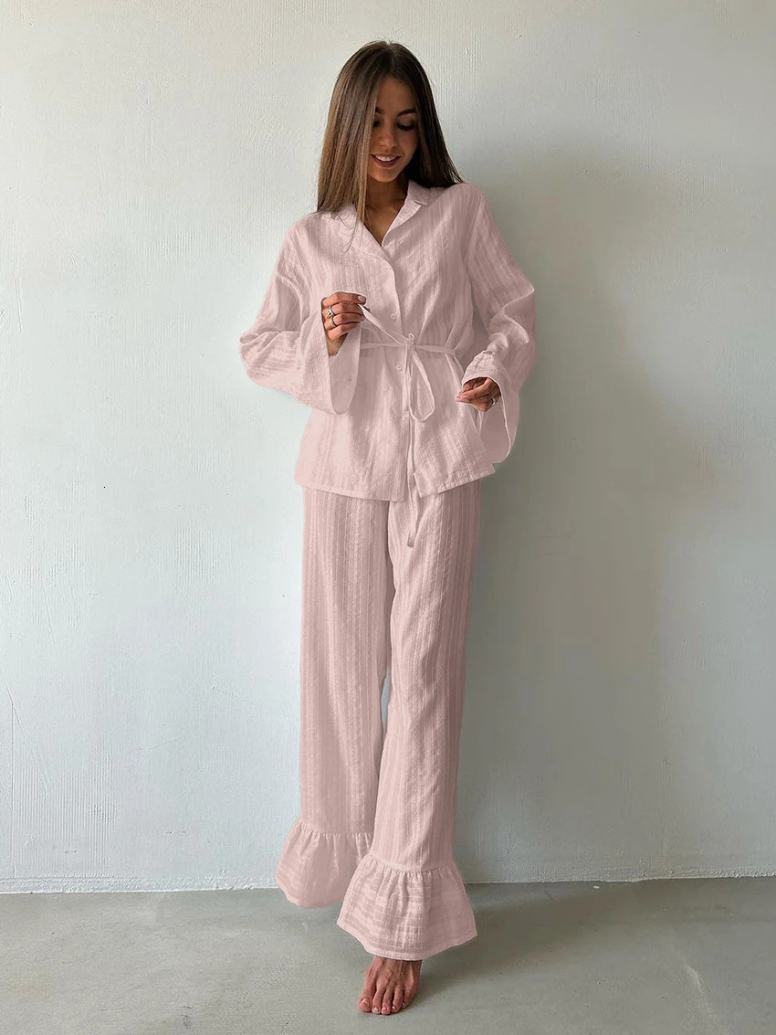 Marthaqiqiq Casual Women Nightgown 2 Piece Suit Long Sleeve Nightwear Turn-Down Collar Sleepwear Pants Loose Home Clothes Ladies 251105