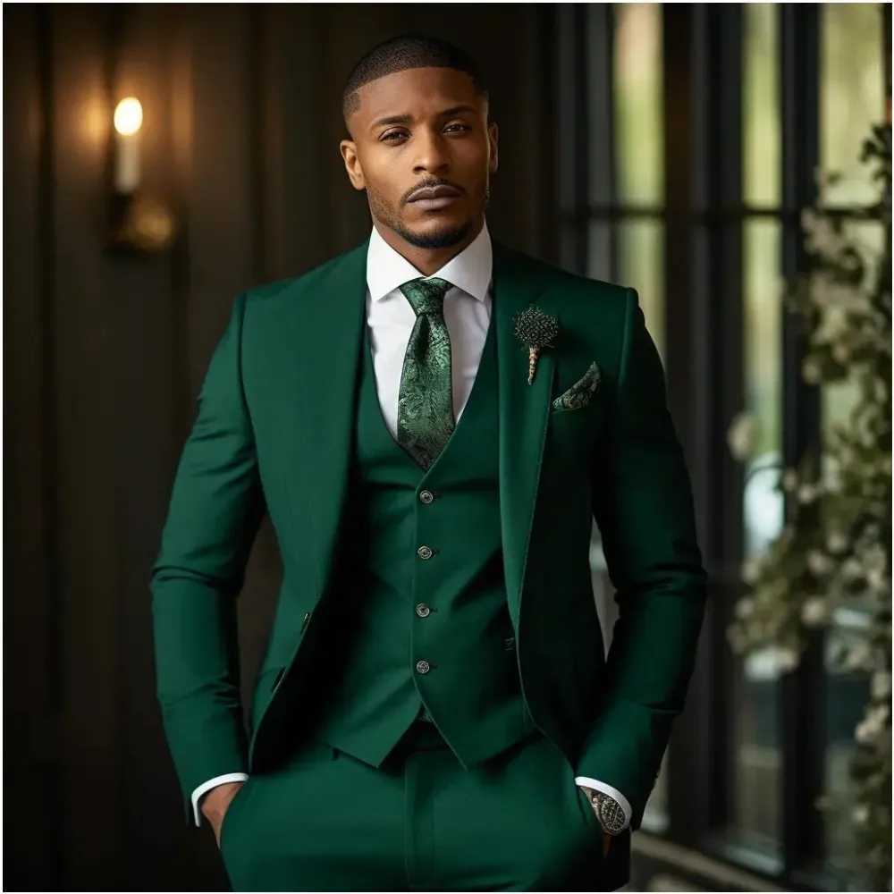 Formal Jade Green 3-piece mens elegant Peaked lapel jacket+vest+pants wedding groom tailcoat custom business set W250410