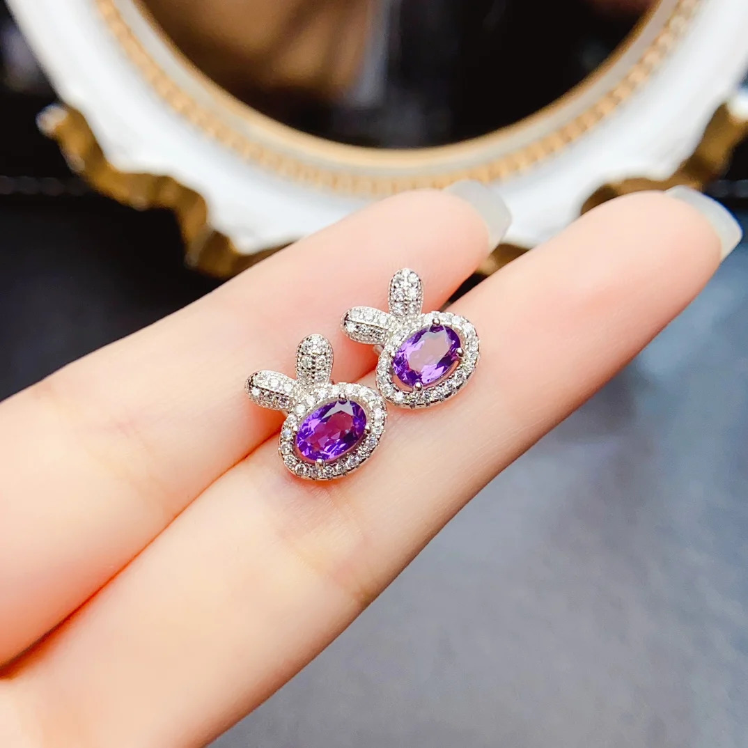 FS 4 * 6mm natural amethyst rabbit earrings S925 pure silver exquisite charm womens wedding jewelry certificate MeiBaPJ gift 250409
