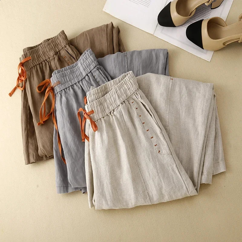 Gray Cotton Linen Casual Elastic High Waist Loose Wide Leg Womens Pants Ankle-Length Pants For Women Clothing 2025 Fashion 250411