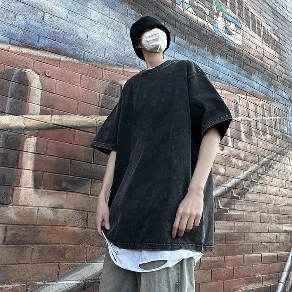 230G pure cotton retro T-shirt with off shoulder sleeves mens retro short sleeved T-shirt solid color hip-hop loose T-shirt 250411
