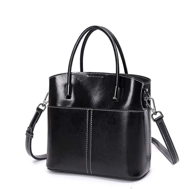 2024 Exquisite And Fashionable Versatile Oil Wax Cowhide Bucket Women's Leisure Minimalist Handheld Shoulder Crossbody Bag