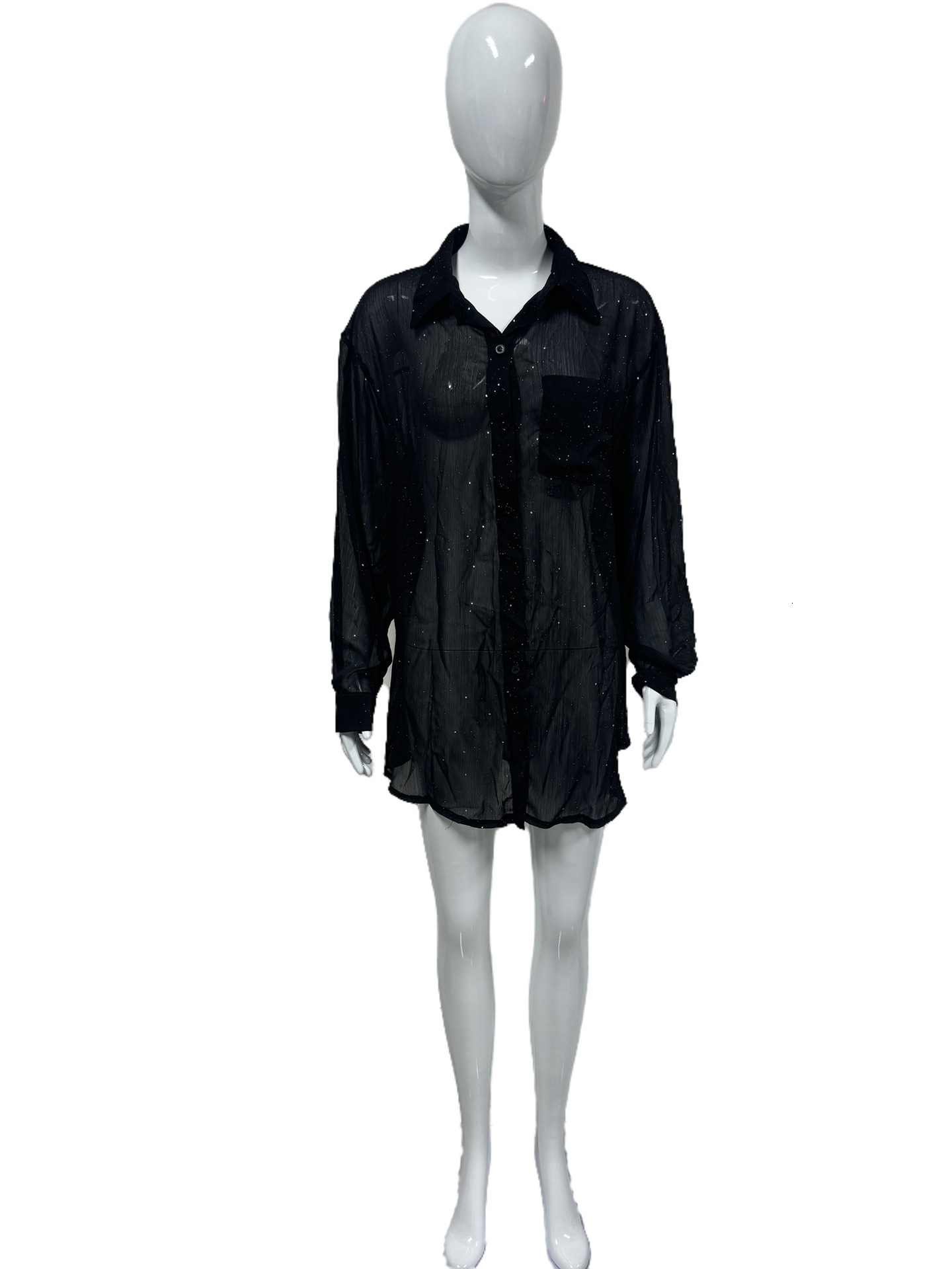 2025 women's fashion long sleeved thin collar sequined casual shirt