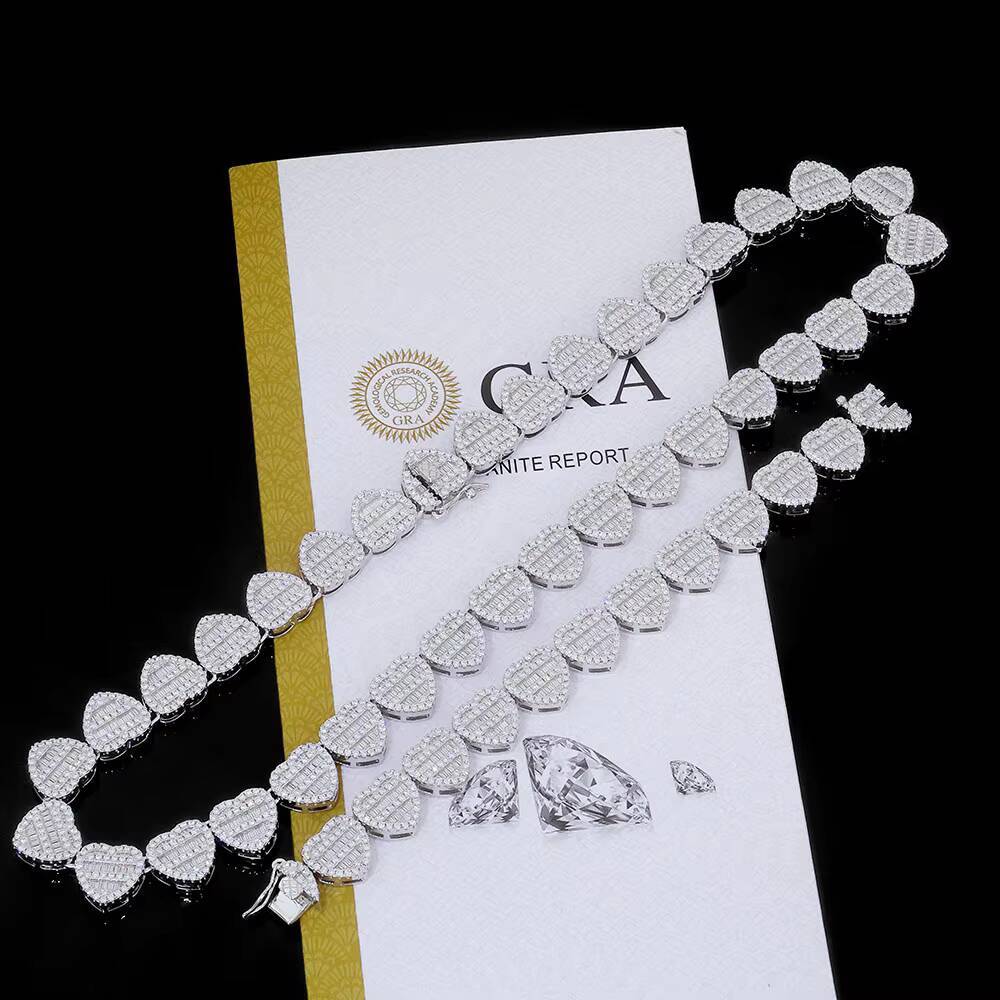 NUOYA 12mm Iced Out Baguette Moissanite Clustered Tennis Chain 925 Sterling Silver Heart Shape Tennis Chain Necklace for Women