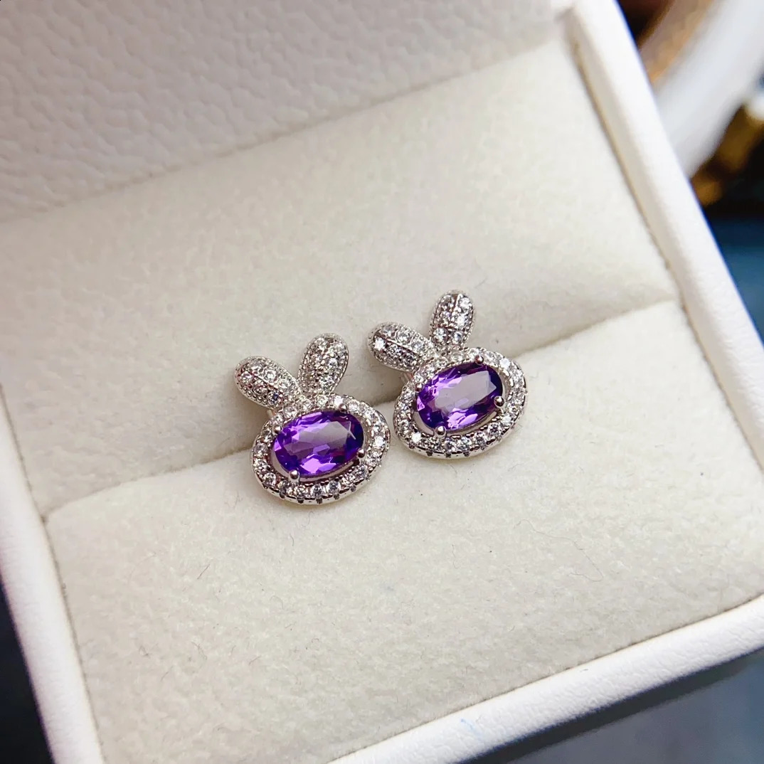 FS 4 * 6mm natural amethyst rabbit earrings S925 pure silver exquisite charm womens wedding jewelry certificate MeiBaPJ gift 250409