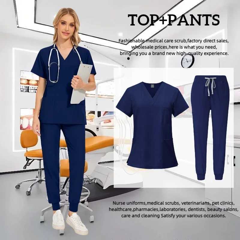 Multi color jogging set doctors nursing uniform short Slve V-neck top pocket pants nurses washer set medical clinical clothing X2504104