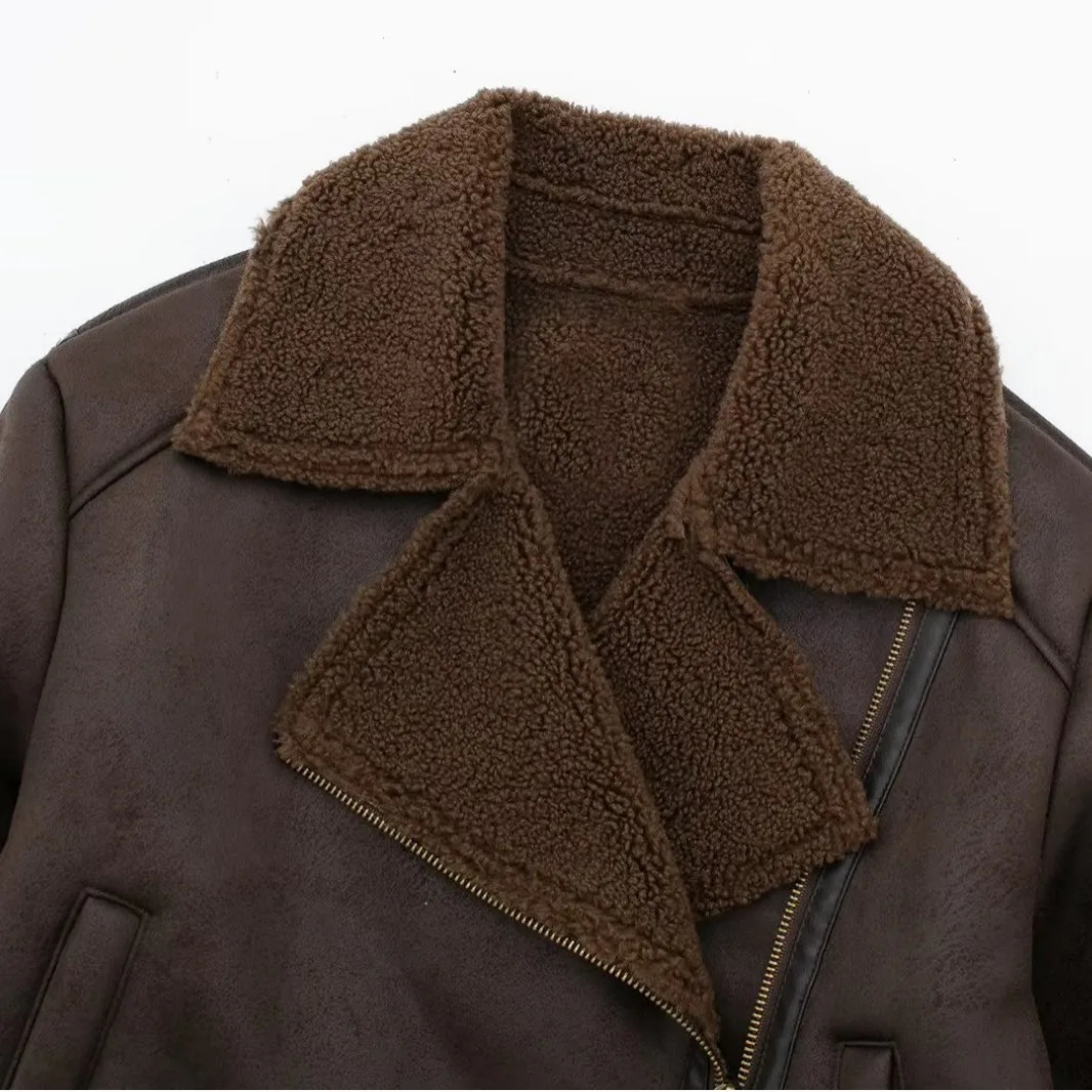 Warm Fleece Lined Loose Motorcycle Style Jacket Womens Winter Outerwear Short Leather Coat Comfortable Casual Street Style 251105