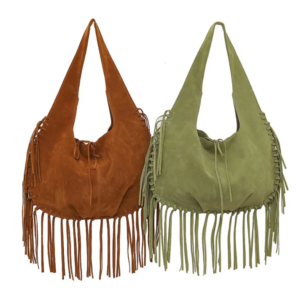 Tassel Crossbody Bag For Women Large Capacity Shoulder Bags Commuter Suede Travel Handbags Solid Color Purse Handbags 251110