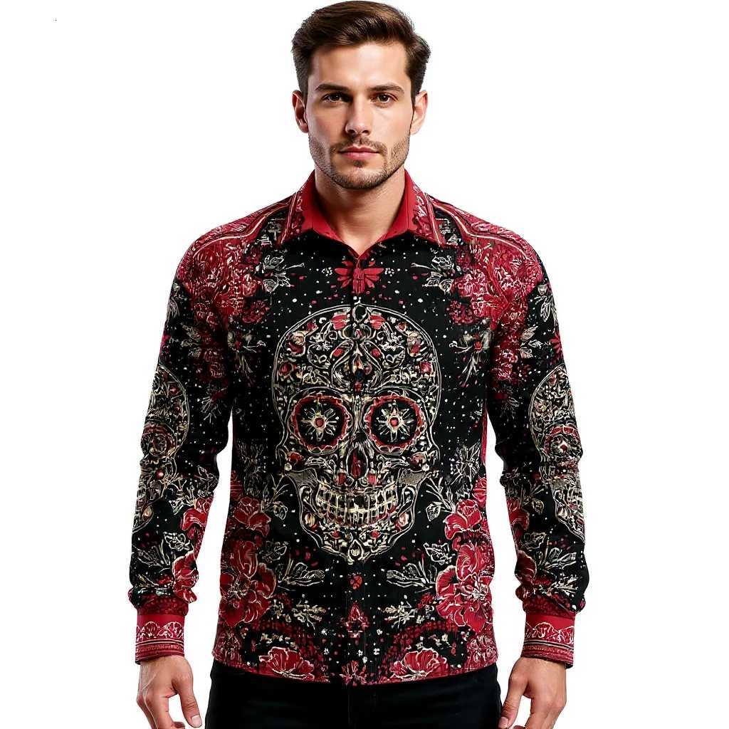Mens Skull Day of the Dead Flower Floral Shirt 3D Printed Shirt Button Up Shirt Casual Long Sleeve Shirt Street Blouse for Men K251110
